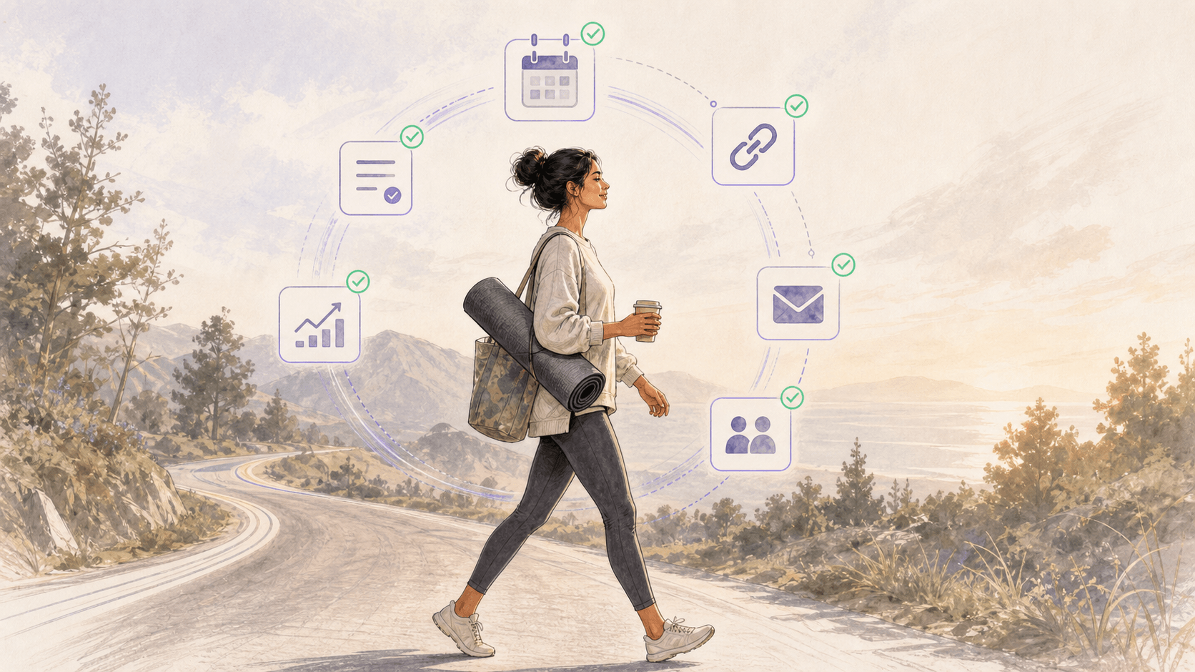 A fulfilled creator walking after class while Orven keeps reminders, links, and the next class path running.